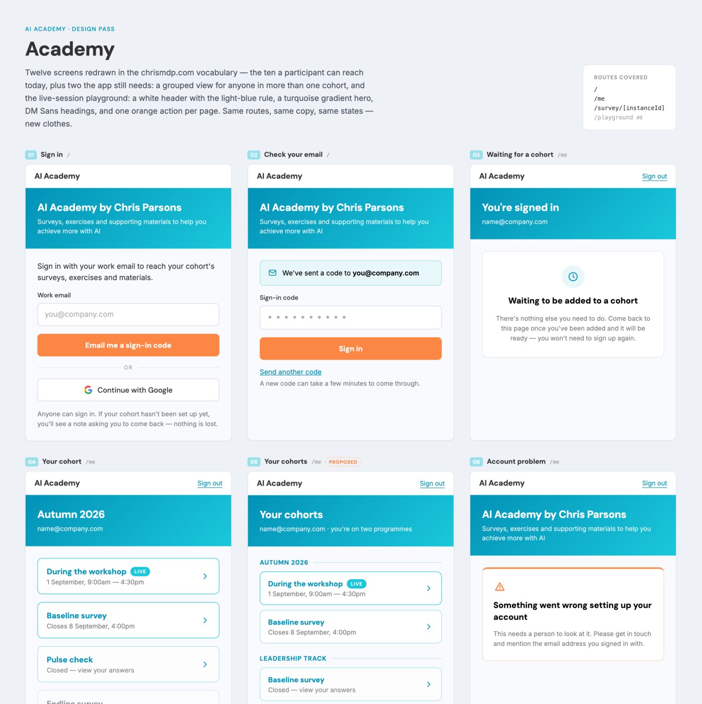 A design canvas showing twelve app screens laid out in a grid, each redrawn with a white header, turquoise gradient hero and a single orange button, annotated with the route each one serves.