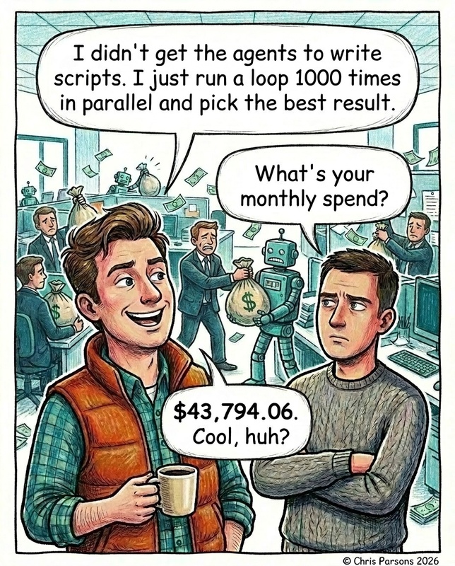 A single panel comic. In an open plan office, robots hand bags of money to worried men in suits while one cheerful engineer with a coffee says he did not get the agents to write scripts, he just runs a loop a thousand times in parallel and picks the best result. Asked about his monthly spend, he answers forty three thousand dollars. Cool, huh?