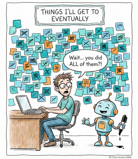 Man at laptop staring at hundreds of ticked-off sticky notes; small robot beside him holding a marker says 'Wait, you did ALL of them?!' The AI dream of closing every open loop.