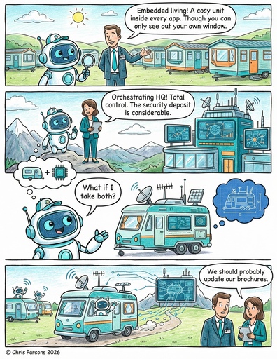 Comic of an AI house-hunting: embedded living inside an app, orchestrating from headquarters, or living in a mobile RV. Two estate agents at the end conclude they should probably update the brochures.