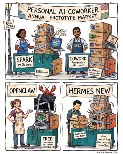 Four-panel comic titled 'Personal AI Coworker Annual Prototype Market'. Top-left: Spark by Google, a stall labelled Est. 2024 selling a stack of Gmail/Docs/Drive/Meet plus 'Skills', $100/month, badge says 'runs in cloud!'. Top-right: Cowork (Anthropic + Microsoft), Word/Excel/Teams/Outlook plus Claude and 'Skills', $20/month (unmetered for enterprise). Bottom-left: OpenClaw, a hand-built rig with a lobster on top, 'Skills', Free (hardware and tokens not included). Bottom-right: Hermes New, a slightly tatty stall with signs reading 'Just killed OpenClaw' and 'Everything else same as OpenClaw'. The personal AI coworker market in one frame.