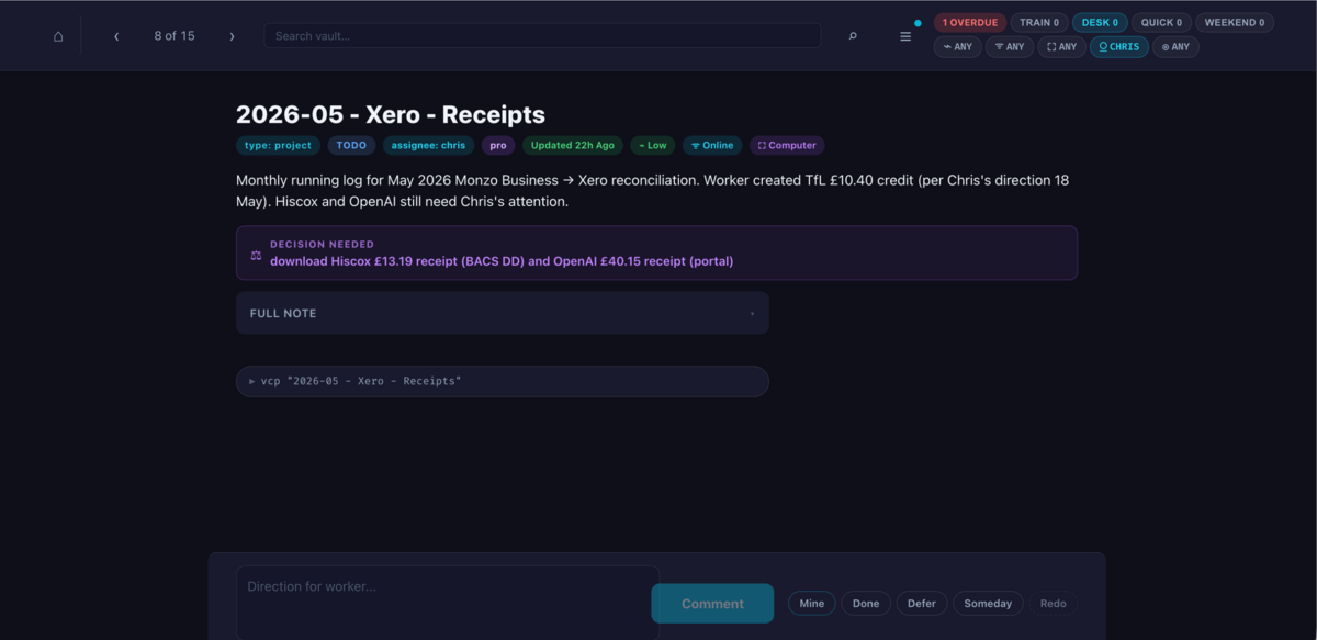 A single project page in the review board: 'Xero - Receipts'. Shows the YAML state at the top (type: project, status: todo, assignee: chris, energy: low, connectivity: online), a one-paragraph context summary, a Decision Needed callout with the specific next action, a collapsed Full Note, the vcp command to open a paired session on this project, and at the bottom a comment box with Mine / Done / Defer / Someday buttons.
