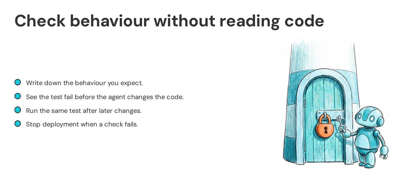 Workshop slide: Check behaviour without reading code. A robot with a key stands at a padlocked lighthouse door.