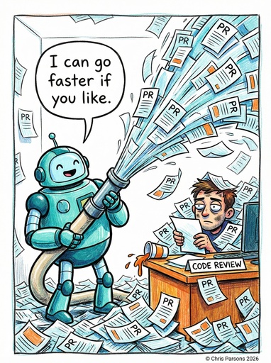 漫画:一个开心的机器人把一大股 PR 纸张冲向坐在“CODE REVIEW”桌前、筋疲力尽的开发者,并说:“如果你愿意,我还可以更快。”PR 纸张铺满地面。