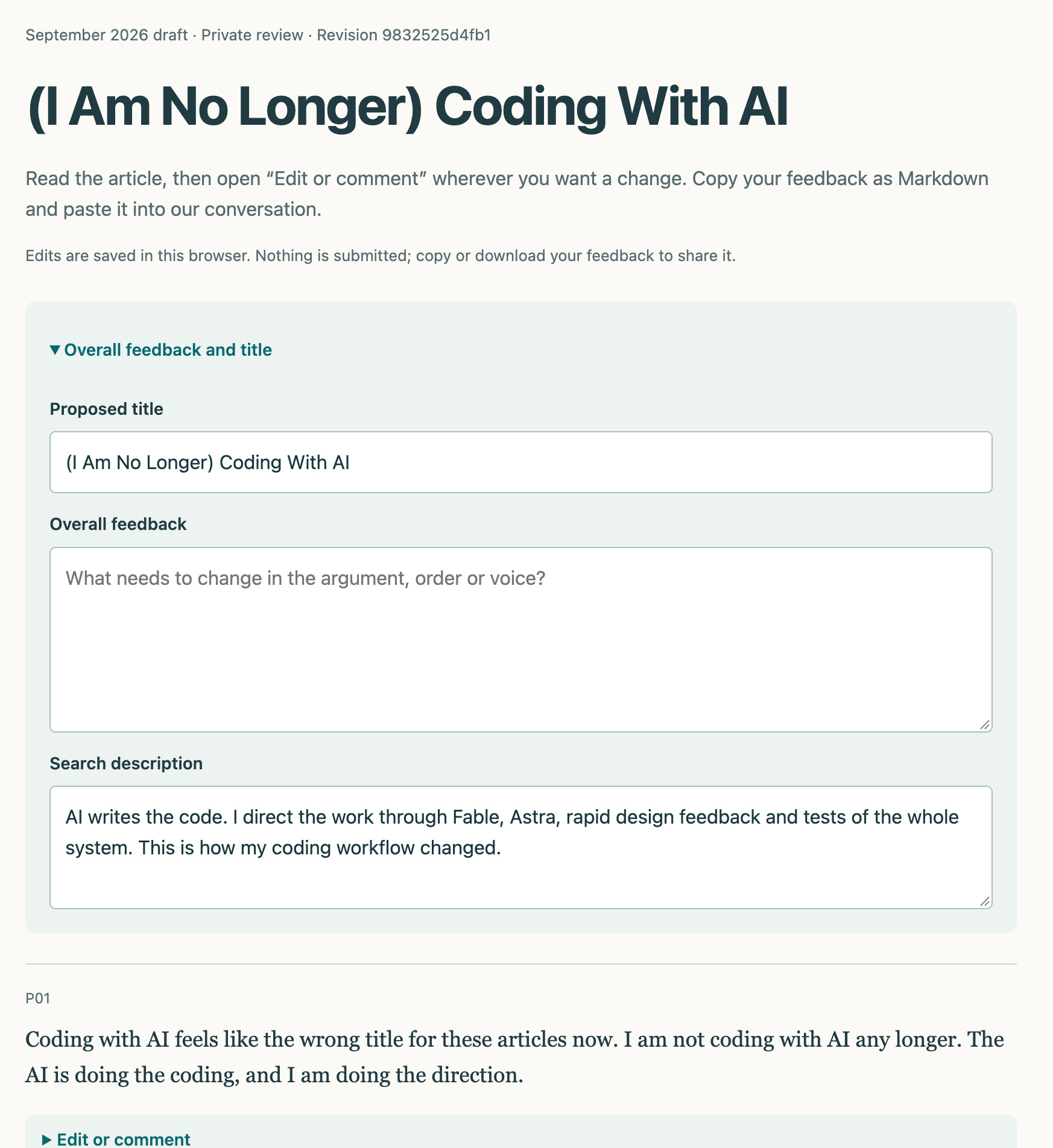 The review form for this post, showing its title, feedback fields and an Edit or comment control beneath the opening paragraph.