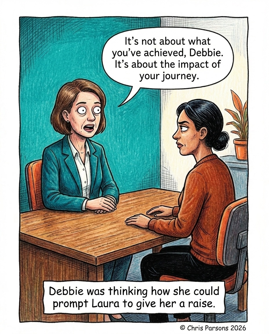 In a performance review, Laura stares into space while offering Debbie a hollow appraisal about the impact of her journey. Debbie considers prompting Laura for a raise.