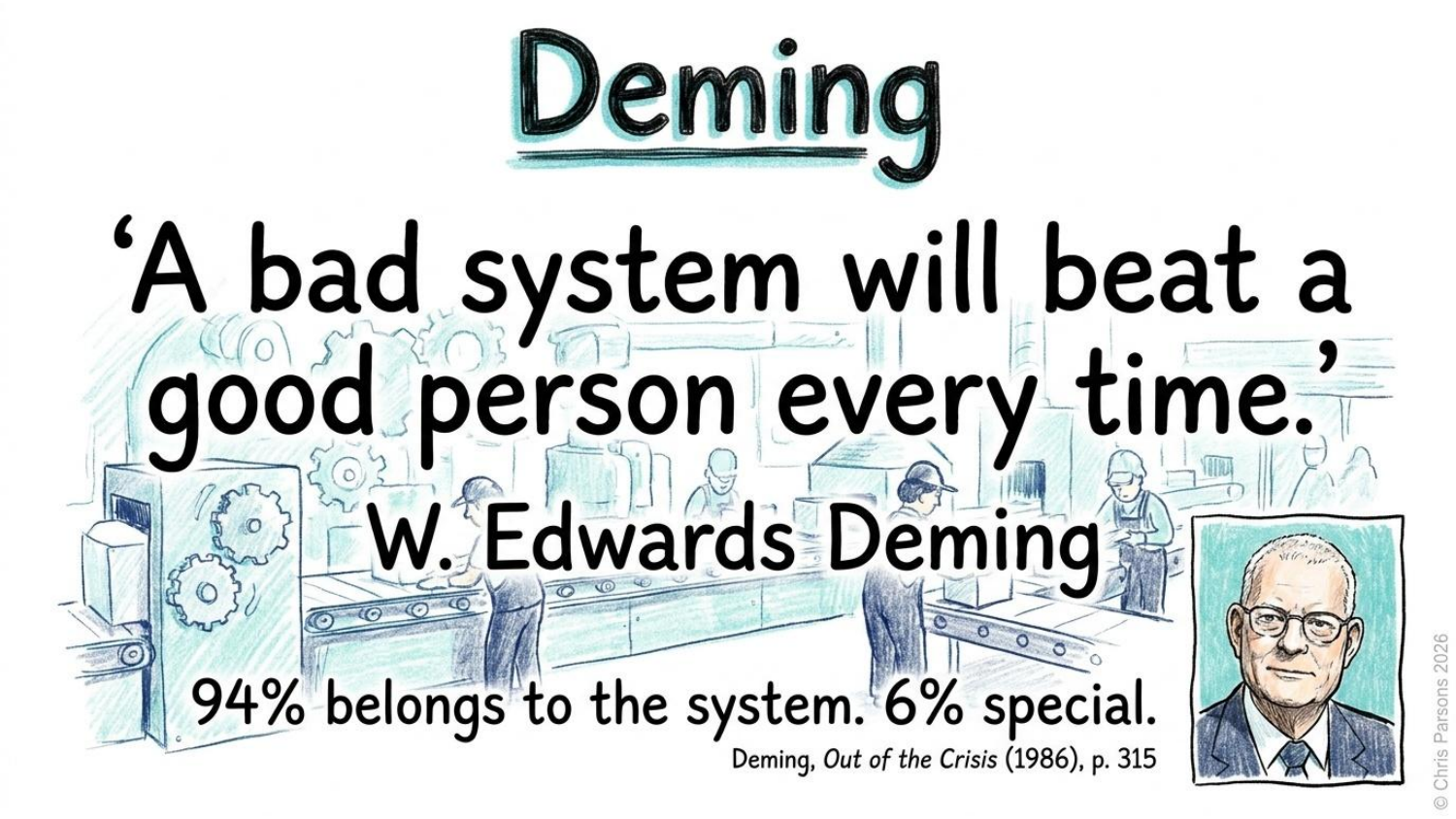 Deming: a bad system will beat a good person every time. 94% belongs to the system, 6% special.