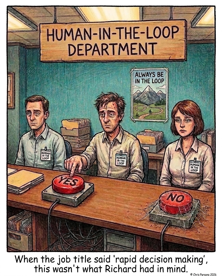 Human In The Loop Department comic: three tired staff behind a desk, one pressing a worn YES button while the NO button gathers cobwebs. Caption: when the job title said rapid decision making, this wasn't what Richard had in mind.