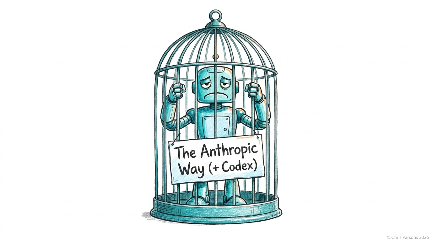 A glum robot locked in a birdcage holding a sign reading "The Anthropic Way (+ Codex)": locked into one vendor's way of working.