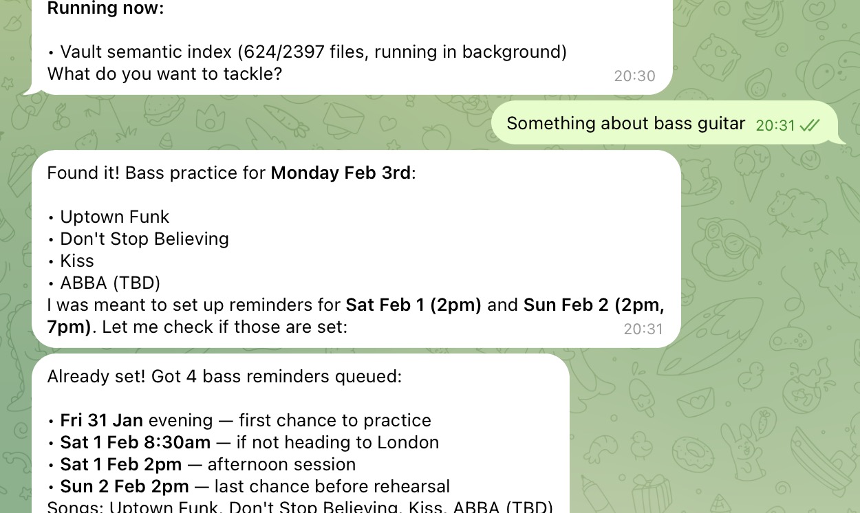 Telegram chat showing Moltbot bass practice reminders