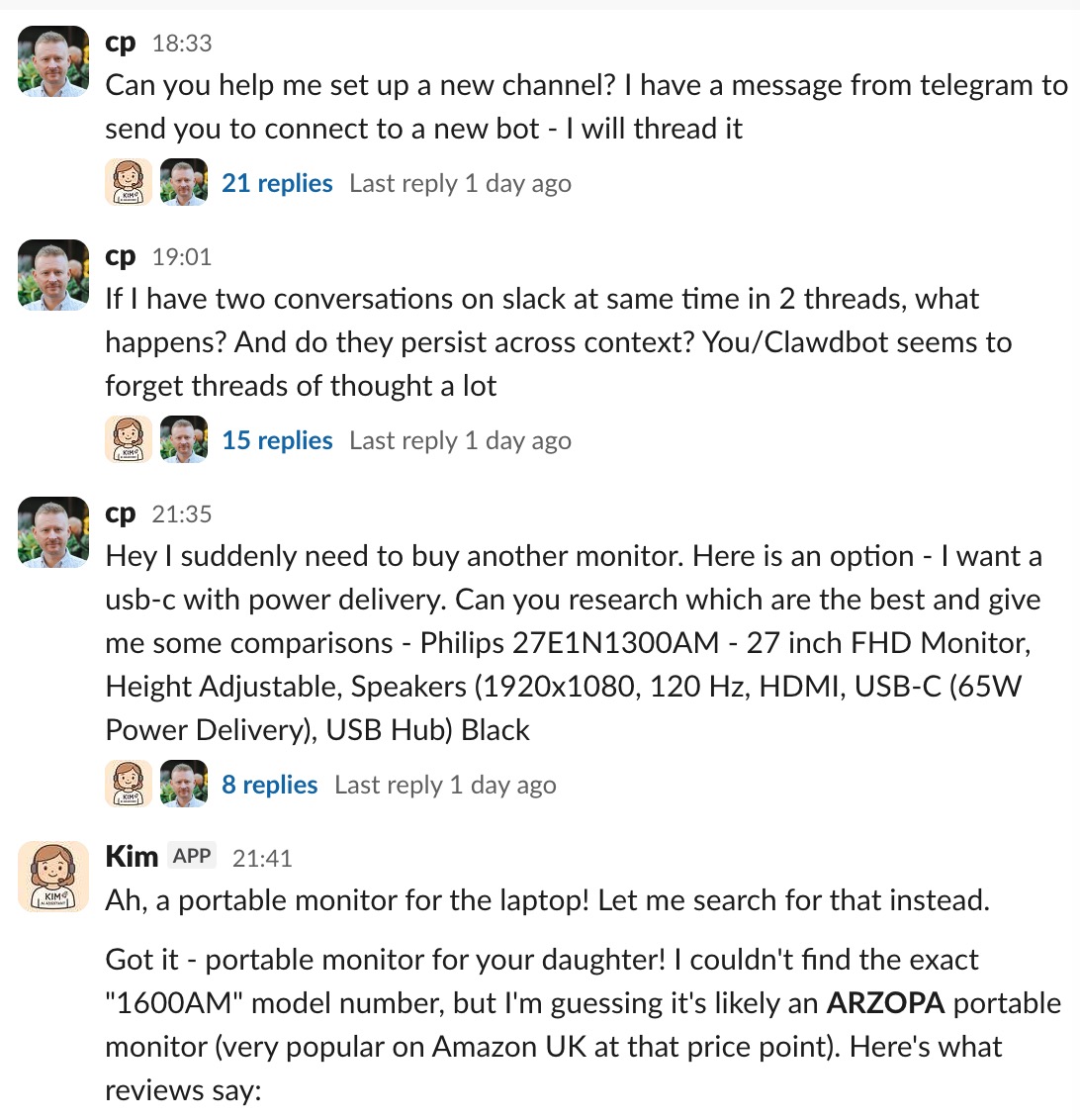 Slack threads showing Moltbot conversations