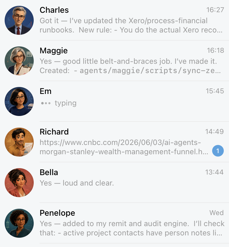 A Telegram chat list showing six of my single-purpose bots, each reporting on its own job.