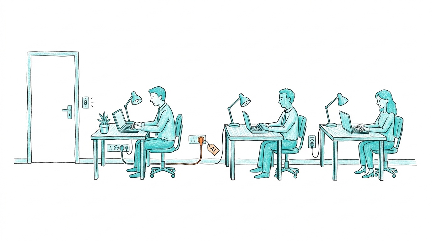 An everyday office: people working at tidy desks, laptops and lamps plugged into ordinary wall sockets, a light switch by the door, and one plug tagged AI.