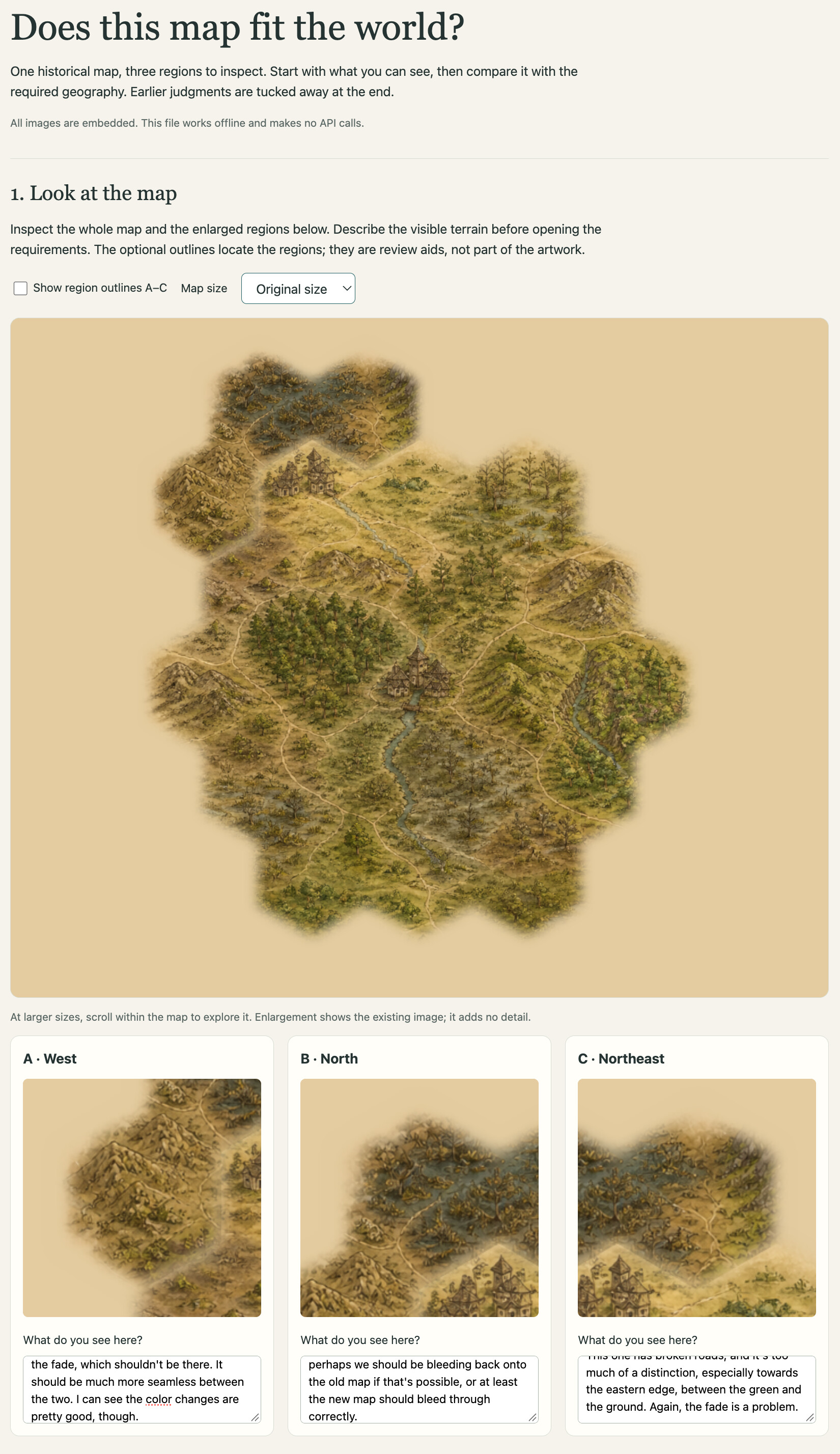 Astra's map review form, with the whole map, enlarged regions and space for observations.
