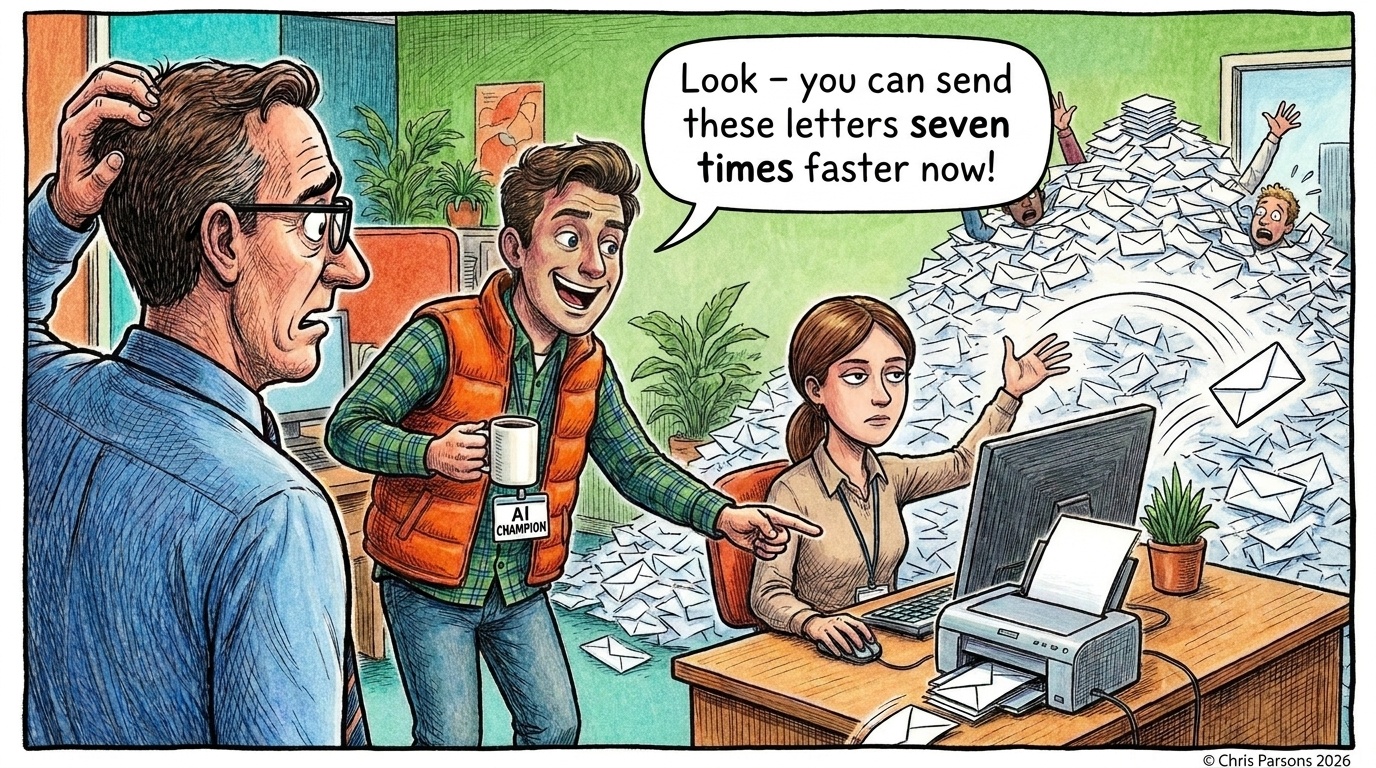An AI champion says "Look, you can send these letters seven times faster now!" while a colleague tosses another envelope onto a mountain of unopened post that is burying two coworkers.