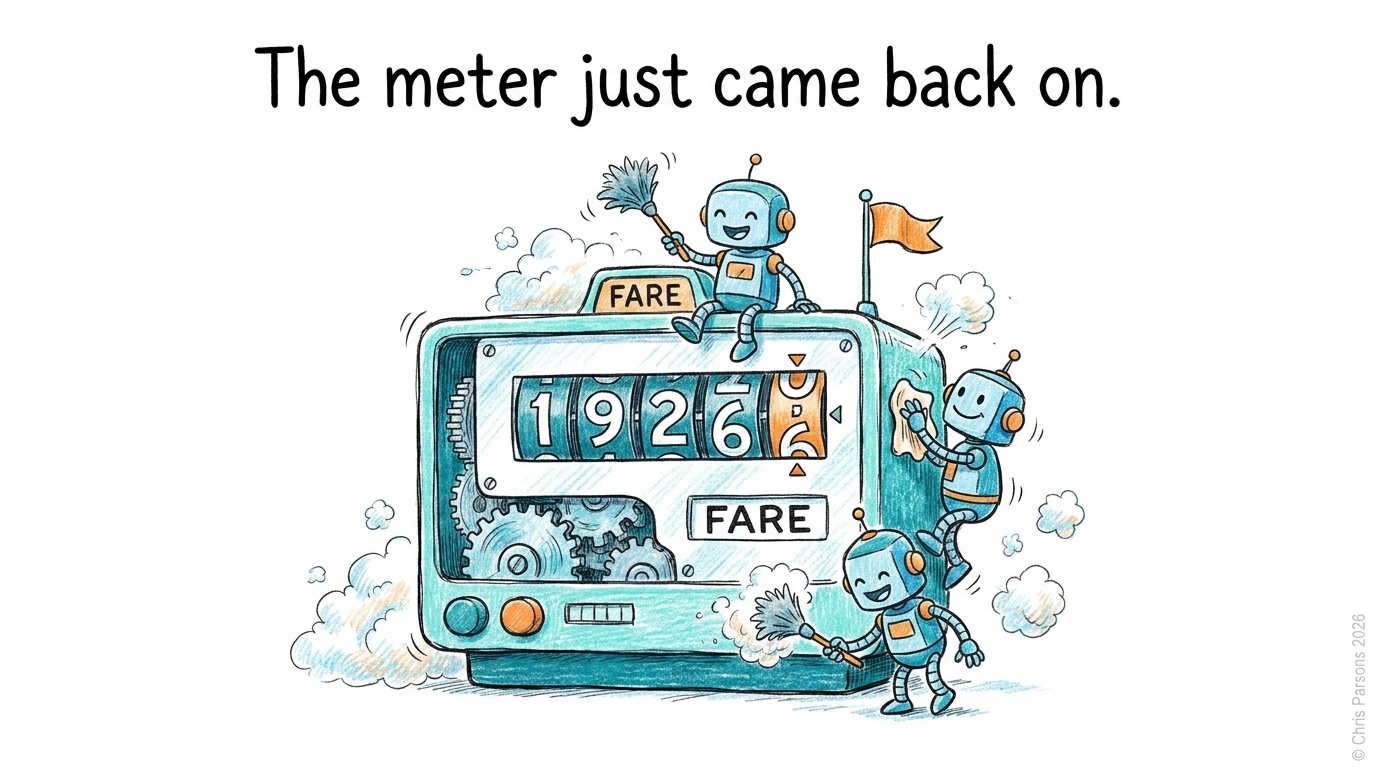 A taxi fare meter clocking up the year, little robots polishing it: the meter just came back on for AI.