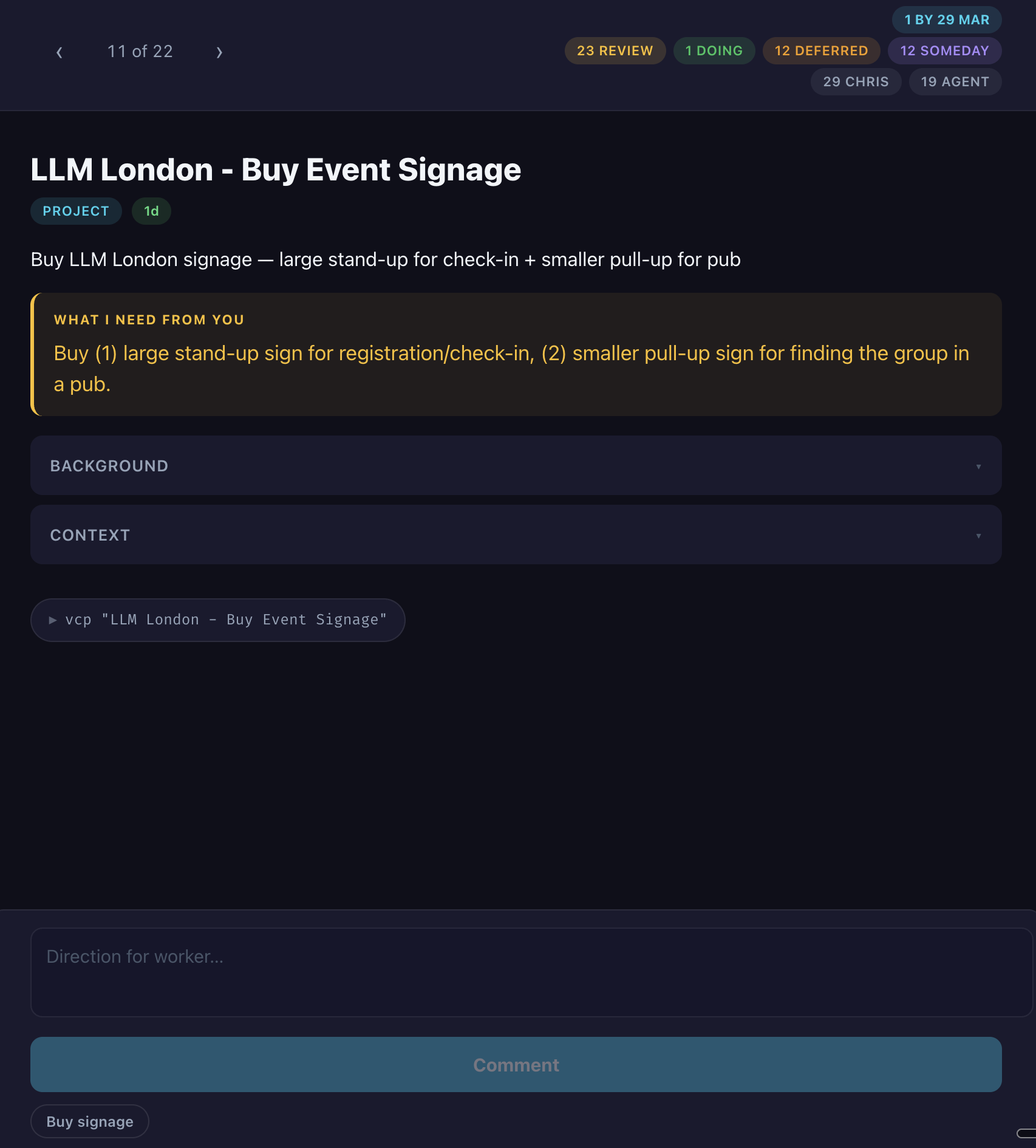 Review app showing project cards with status badges, a "What I Need From You" section, and a direction input for the worker agent.